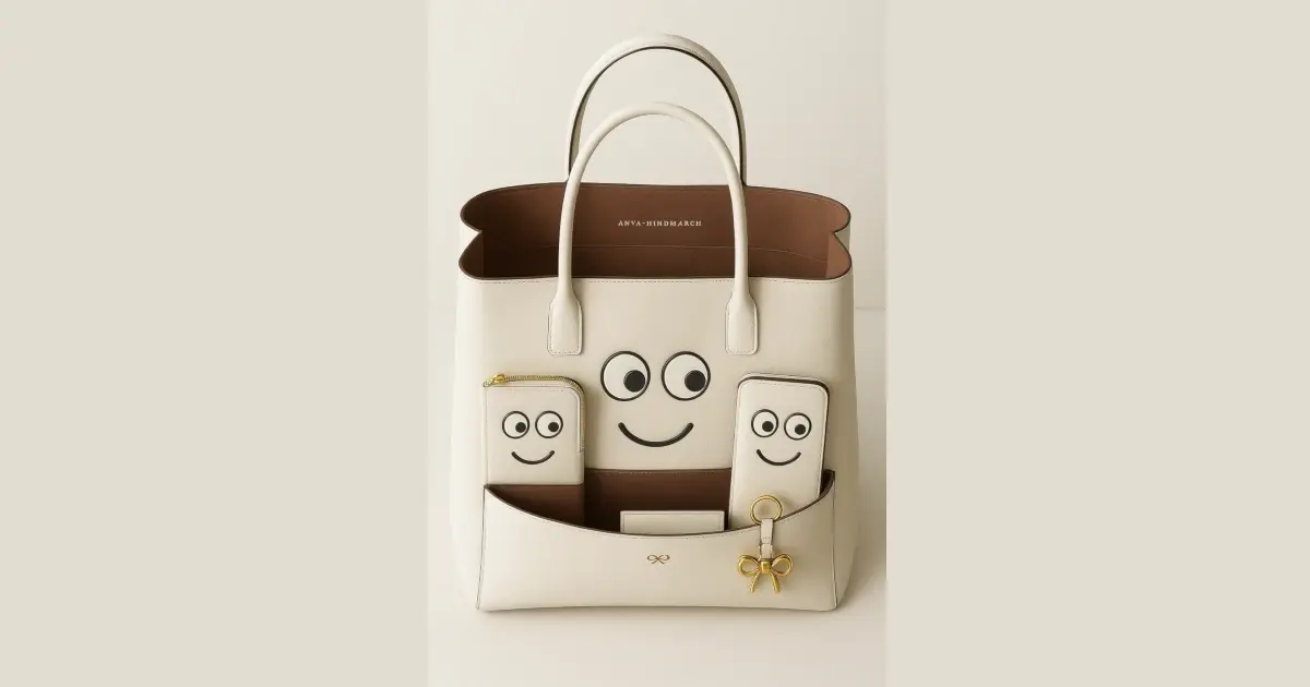 アニヤ・ハインドマーチのバッグと小物、ユーモラスなデザインと整理された内部のイメージ画像