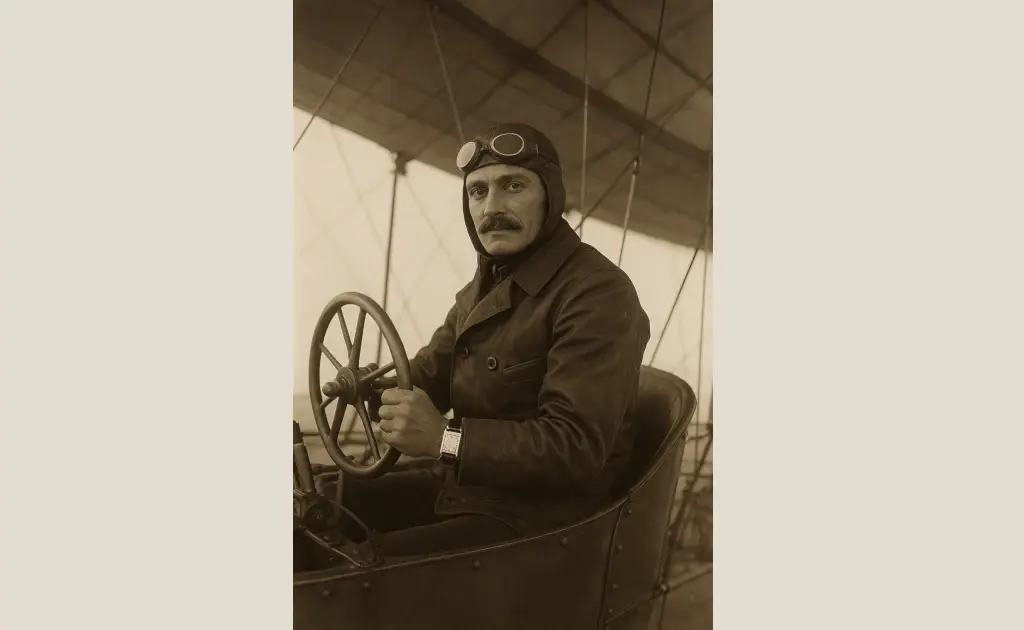 カルティエのサントスウォッチを身に着けた飛行家アルベルト・サントス＝デュモンが飛行船に乗る様子のヴィンテージ写真