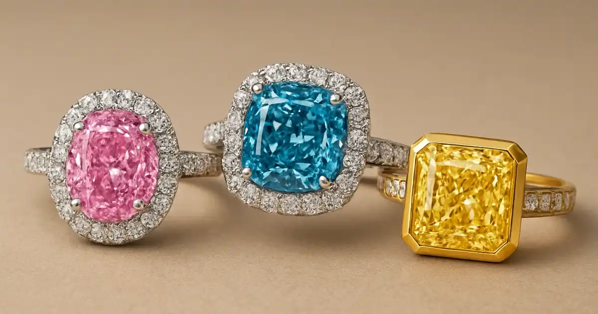 グラフなどが扱う鮮やかなピンク、ブルー、イエローのファンシーカラーダイヤモンドのコレクションイメージ画