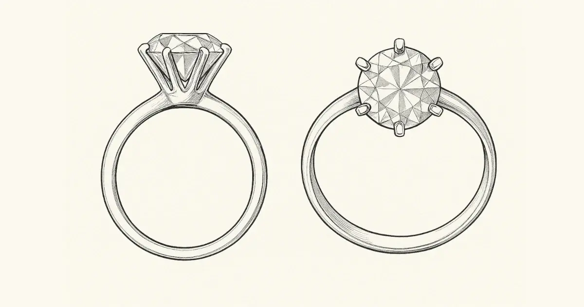 ティファニーセッティングの6本爪構造を上部と側面から示したイラスト